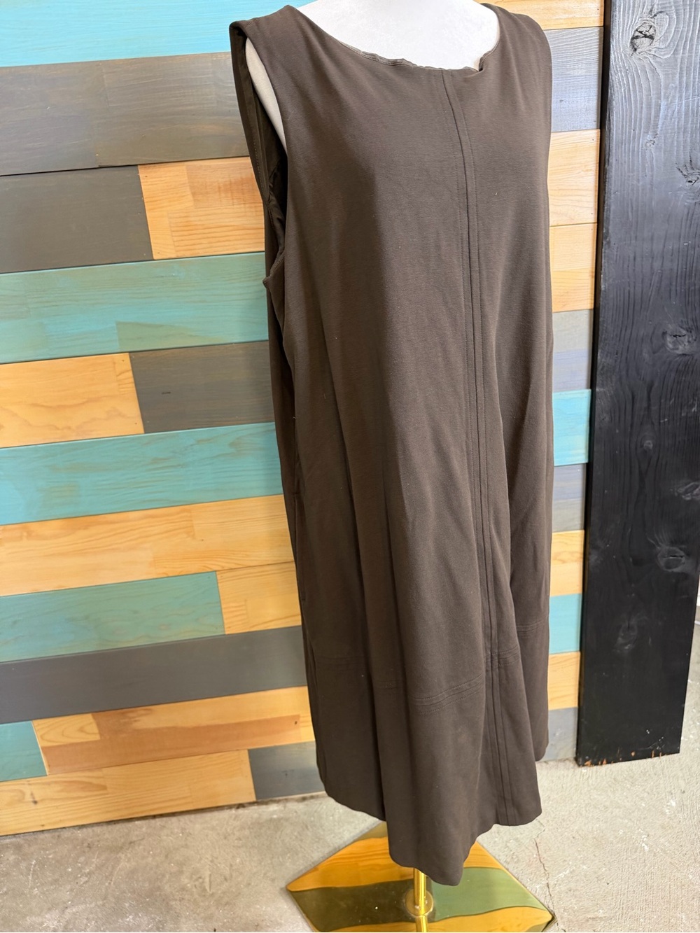Eileen Fisher Brown Sleeveless Shift Dress Viscose Jersey Casual Relax Fit